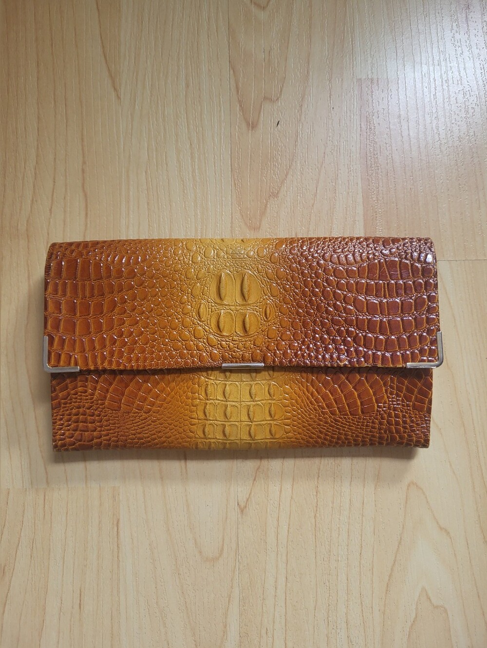 Textured Croc-Embossed Genuine Leather Wallet in Burnt Orange and Golden Yellow